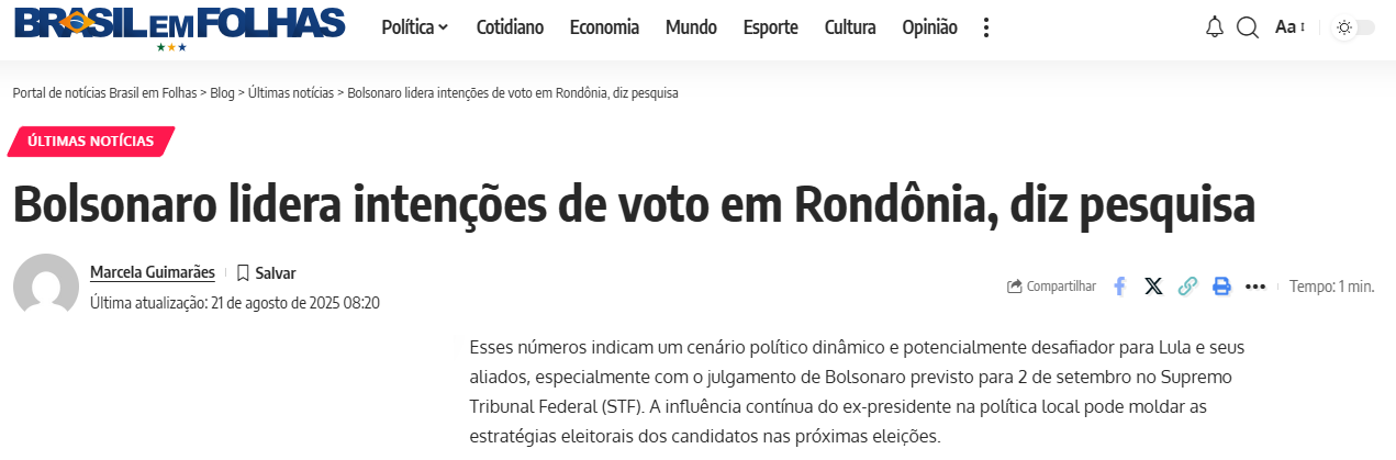 Brasil em Folhas cita pesquisa realizada pela Paraná Pesquisas no Estado de Rondônia. 1 Brasil em Folhas cita pesquisa realizada pela Paraná Pesquisas no Estado de Rondônia.