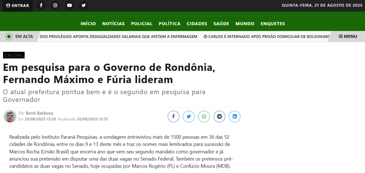 Hoje Amazônia cita pesquisa realizada pela Paraná Pesquisas no Estado de Rondônia. 2 Hoje Amazônia cita pesquisa realizada pela Paraná Pesquisas no Estado de Rondônia.