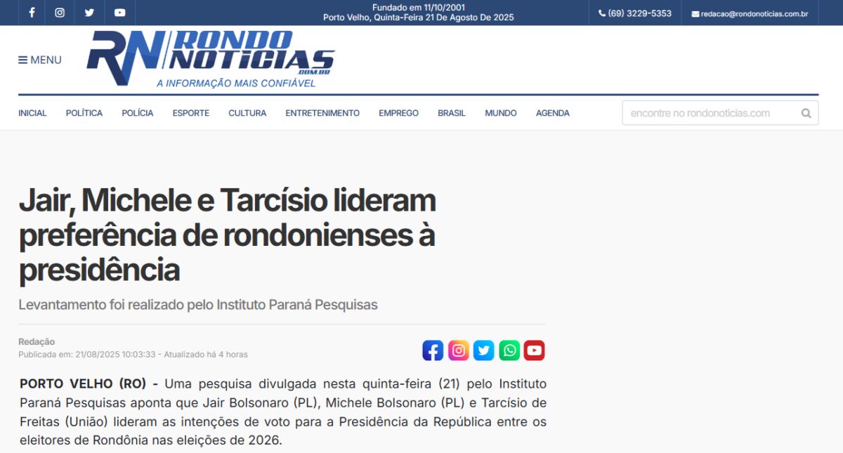 Rondo Notícias cita pesquisa realizada pela Paraná Pesquisas no Estado de Rondônia.