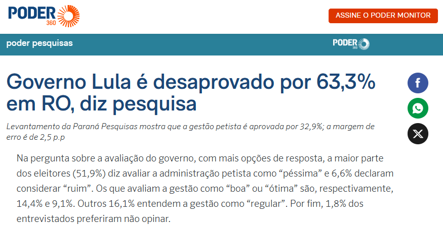 Poder 360 cita pesquisa realizada pela Paraná Pesquisas no Estado de Rondônia. 2 Poder 360 cita pesquisa realizada pela Paraná Pesquisas no Estado de Rondônia.