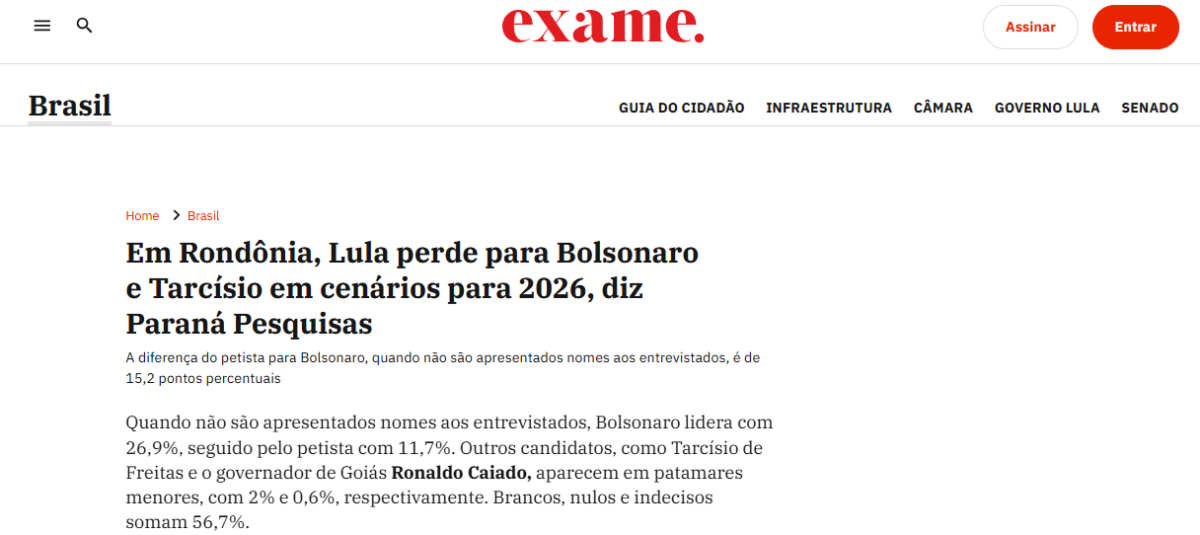 Exame cita pesquisa realizada pela Paraná Pesquisas no Estado de Rondônia.