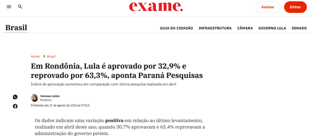 Exame cita pesquisa realizada pela Paraná Pesquisas no Estado de Rondônia. 2 Exame cita pesquisa realizada pela Paraná Pesquisas no Estado de Rondônia.