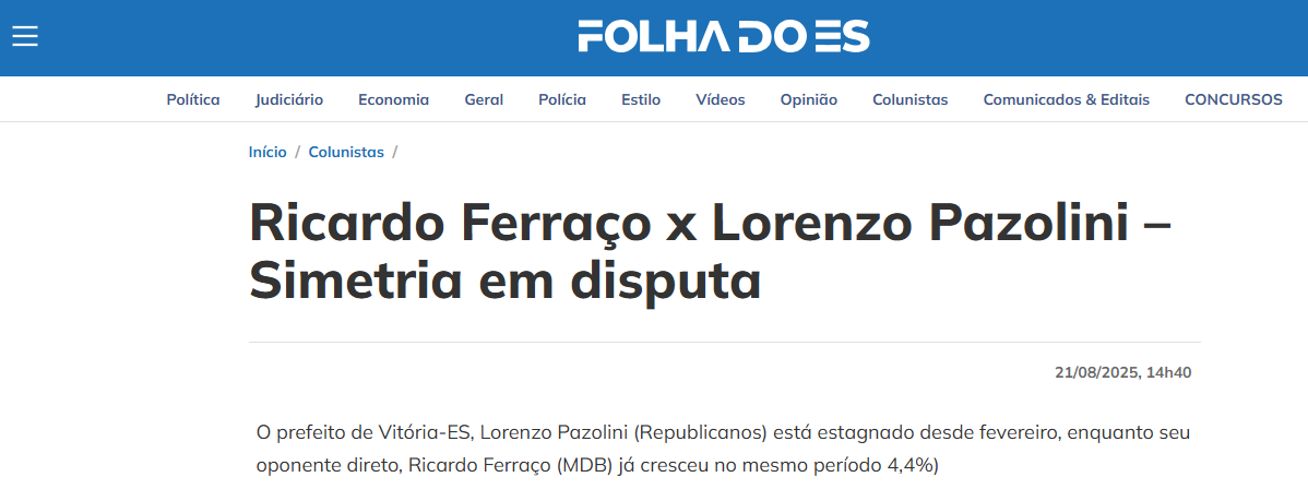 Folha do ES cita pesquisa realizada pela Paraná Pesquisas no Estado do Espírito Santo.