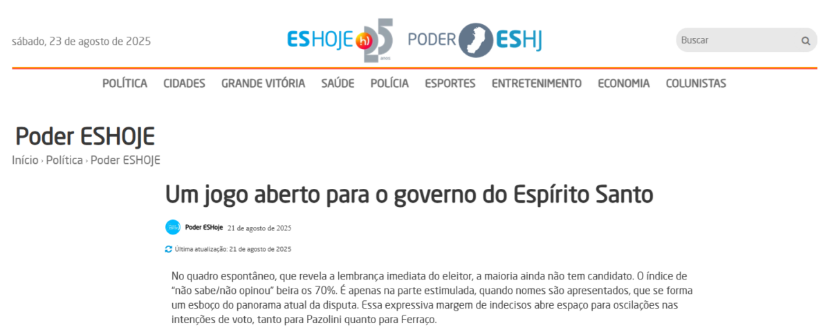 ES Hoje cita pesquisa realizada pela Paraná Pesquisas no Estado do Espírito Santo. 2 ES Hoje cita pesquisa realizada pela Paraná Pesquisas no Estado do Espírito Santo.