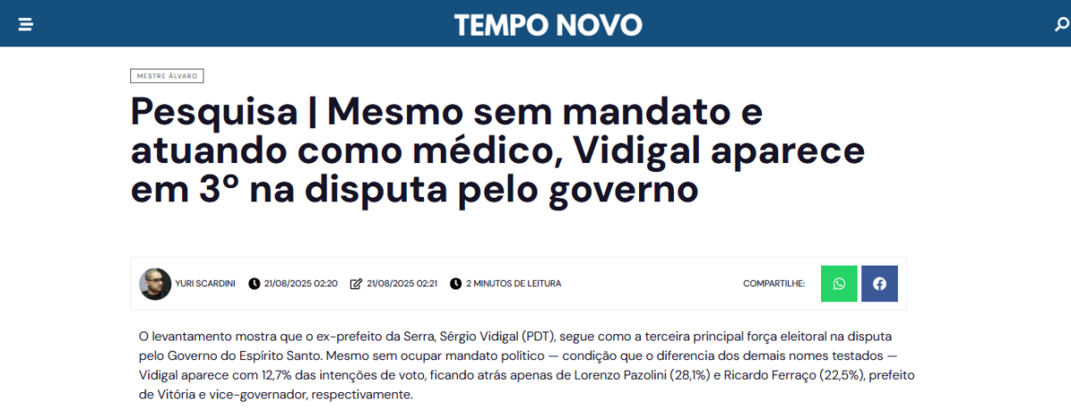 Tempo Novo cita pesquisa realizada pela Paraná Pesquisas no Estado do Espírito Santo. 2 Tempo Novo cita pesquisa realizada pela Paraná Pesquisas no Estado do Espírito Santo.