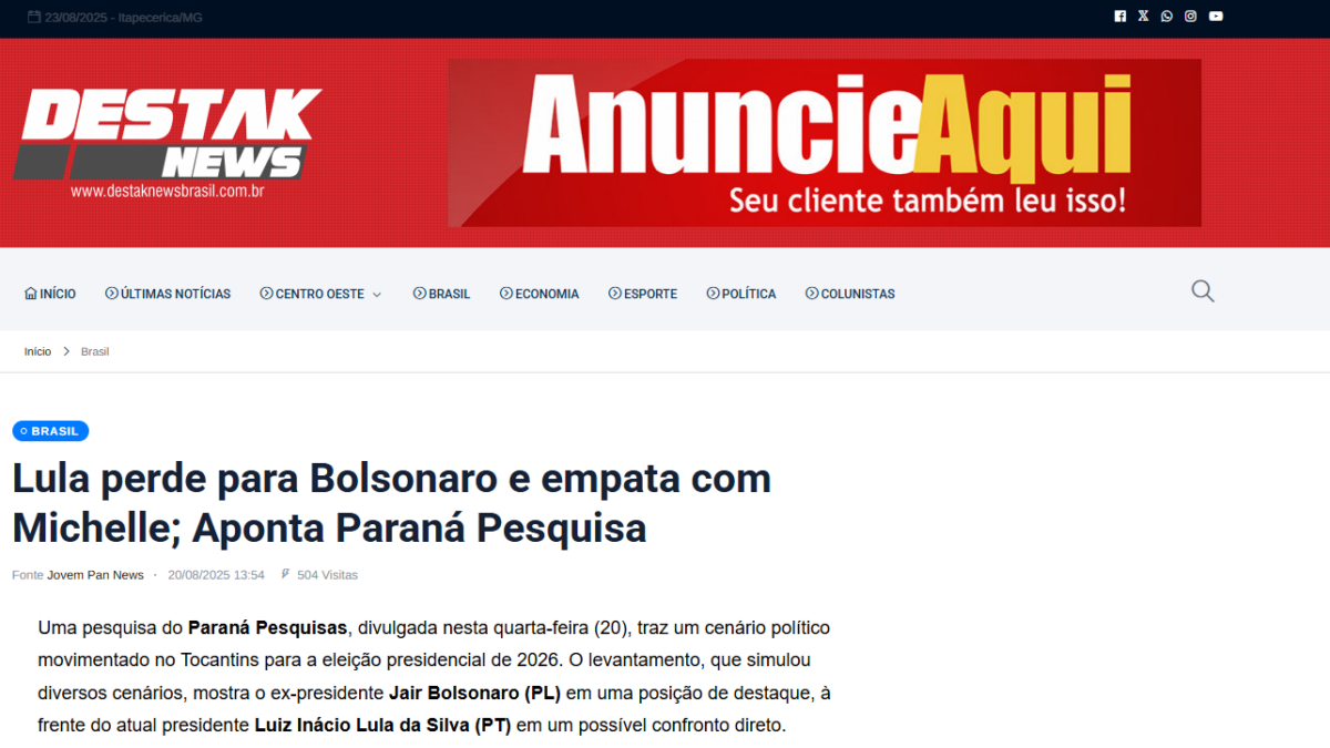Destak News cita pesquisa realizada pela Paraná Pesquisas no Estado do Tocantins.
