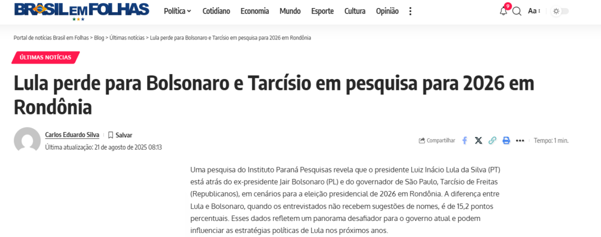 Brasil em Folhas cita pesquisa realizada pela Paraná Pesquisas no Estado de Rondônia. 2 Brasil em Folhas cita pesquisa realizada pela Paraná Pesquisas no Estado de Rondônia.