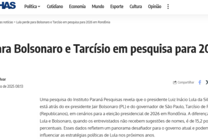 Brasil em Folhas cita pesquisa realizada pela Paraná Pesquisas no Estado de Rondônia.
