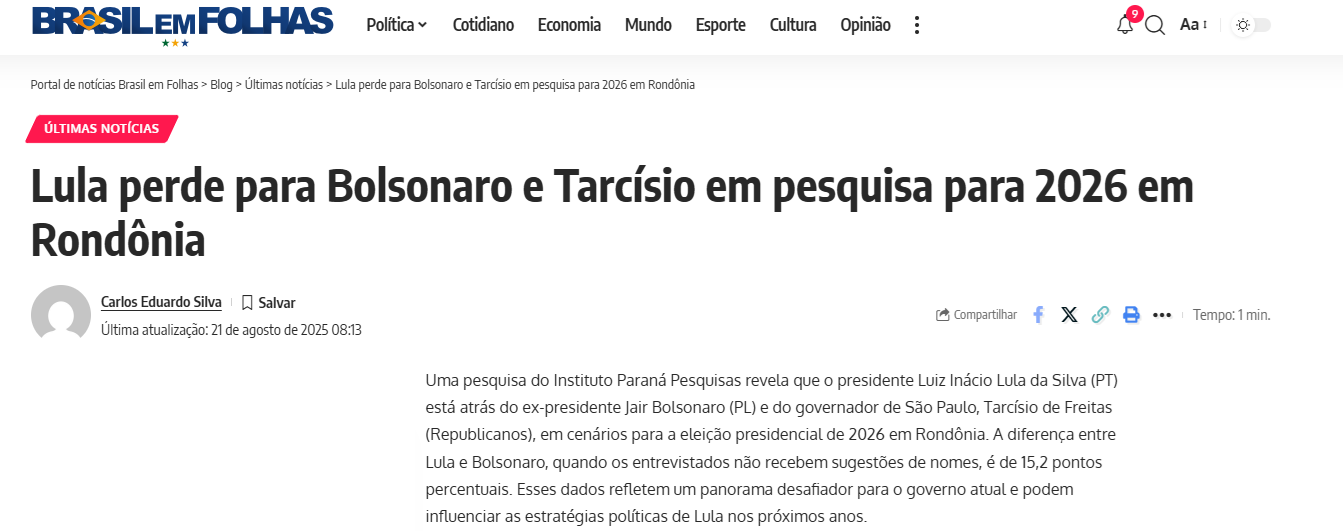 Brasil em Folhas cita pesquisa realizada pela Paraná Pesquisas no Estado de Rondônia. 1 Brasil em Folhas cita pesquisa realizada pela Paraná Pesquisas no Estado de Rondônia.
