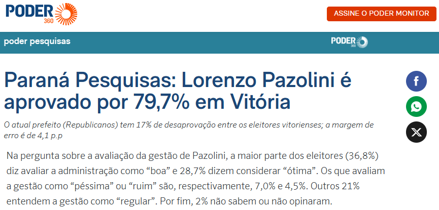 Poder 360 cita pesquisa realizada pela Paraná Pesquisas no Município de Vitória.