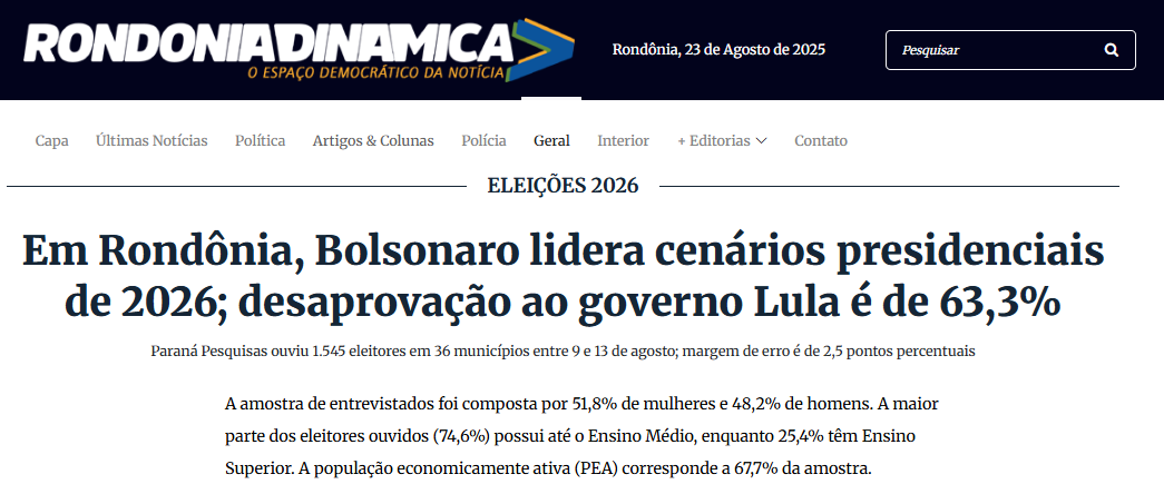 Rondônia Dinâmica cita pesquisa realizada pela Paraná Pesquisas no Estado de Rondônia. 2 Rondônia Dinâmica cita pesquisa realizada pela Paraná Pesquisas no Estado de Rondônia.