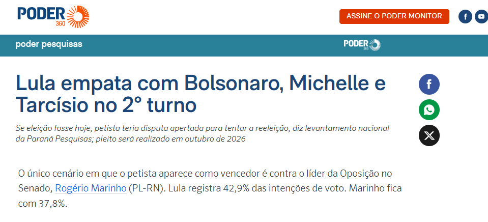 Poder 360 cita pesquisa realizada pela Paraná Pesquisas.
