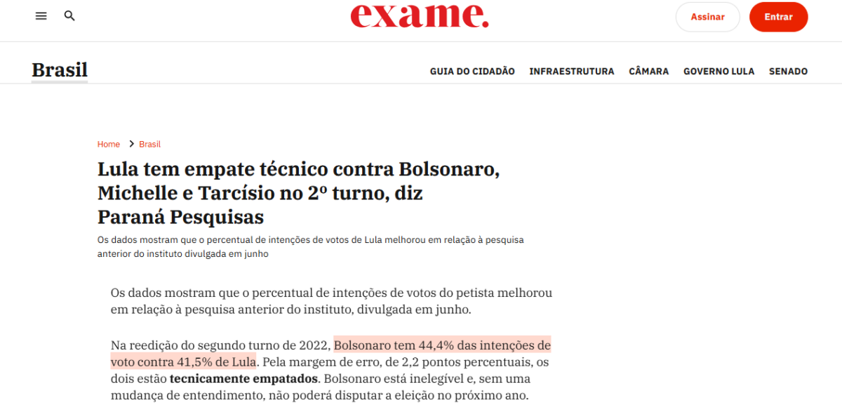 Exame cita pesquisa realizada pela Paraná Pesquisas. 2 Exame cita pesquisa realizada pela Paraná Pesquisas.