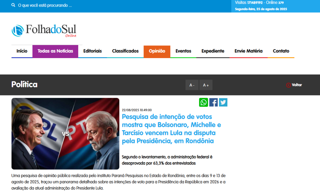 Folha do Sul Online cita pesquisa realizada pela Paraná Pesquisas no Estado de Rondônia.