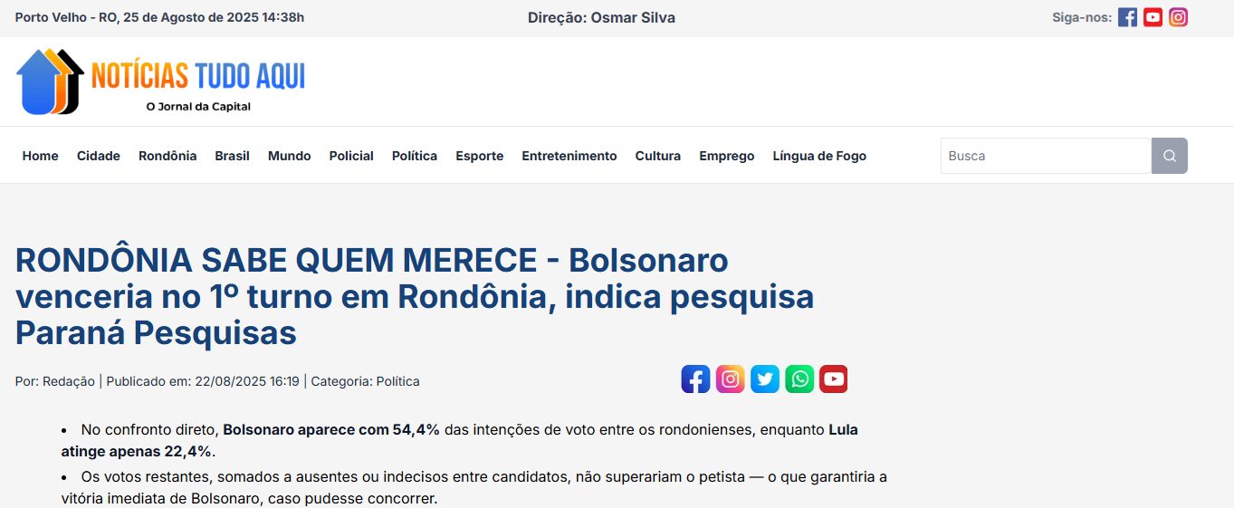 Notícia Tudo Aqui cita pesquisa realizada pela Paraná Pesquisas no Estado de Rondônia. 1 Notícia Tudo Aqui cita pesquisa realizada pela Paraná Pesquisas no Estado de Rondônia.