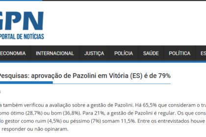 Grupo Portal de Notícias cita pesquisa realizada pela Paraná Pesquisas no Município de Vitória.