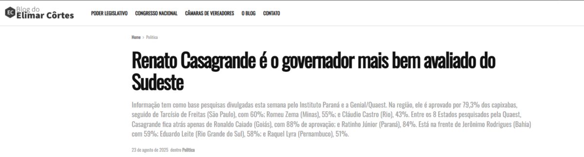 Blog do Elimar Côrtes cita pesquisa realizada pela Paraná Pesquisas no Estado do Espírito Santos.