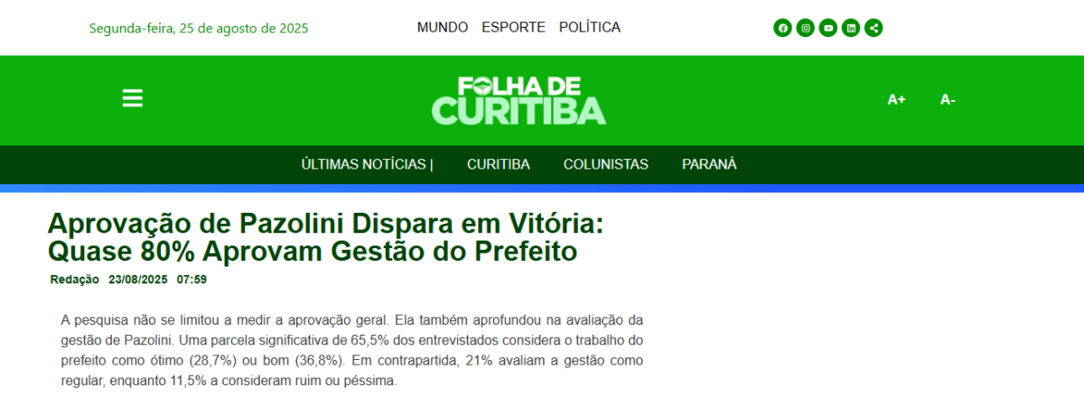 Folha de Curitiba cita pesquisa realizada pela Paraná Pesquisas no Município de Vitória.