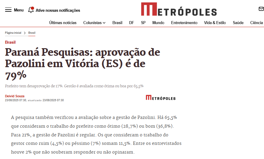 Metrópoles cita pesquisa realizada pela Paraná Pesquisas no Município de Vitória.