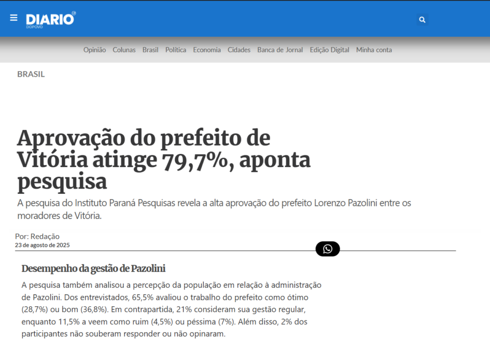 Diário do Povo cita pesquisa realizada pela Paraná Pesquisas no Município de Vitória.