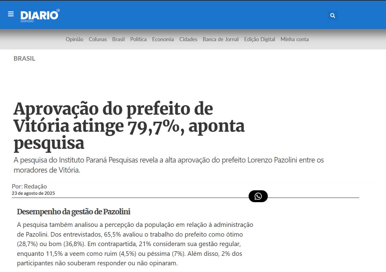 Diário do Povo cita pesquisa realizada pela Paraná Pesquisas no Município de Vitória.
