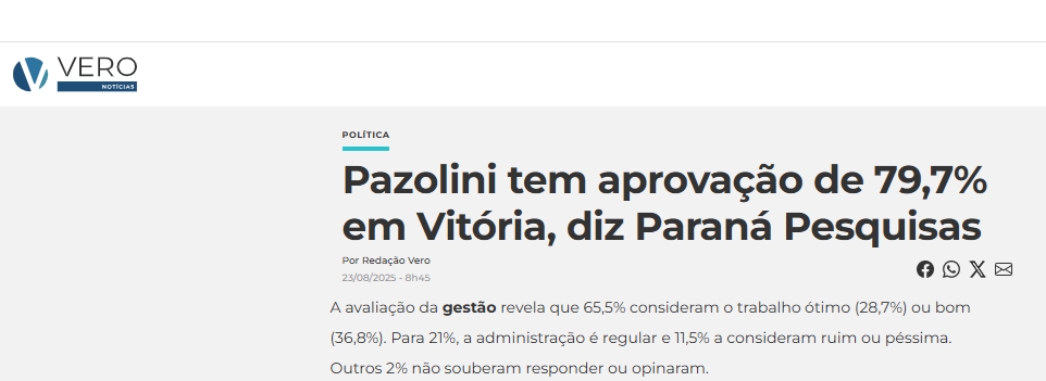 Vero Notícias cita pesquisa realizada pela Paraná Pesquisas no Município de Vitória. 2 Vero Notícias cita pesquisa realizada pela Paraná Pesquisas no Município de Vitória.