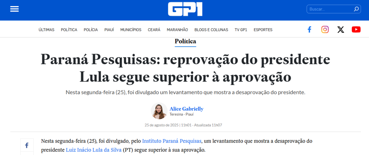 GP1 cita pesquisa realizada pela Paraná Pesquisas.
