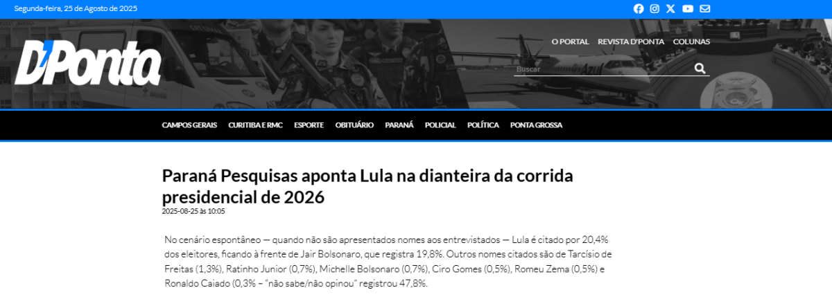 D'Ponta cita pesquisa realizada pela Paraná Pesquisas. 2 D'Ponta cita pesquisa realizada pela Paraná Pesquisas.