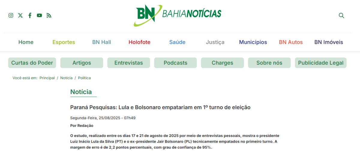 Bahia Notícias cita pesquisa realizada pela Paraná Pesquisas.
