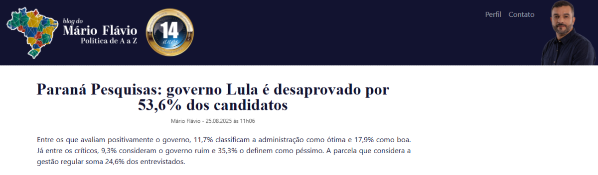 Blog Mário Flávio cita pesquisa realizada pela Paraná Pesquisas. 2 Blog Mário Flávio cita pesquisa realizada pela Paraná Pesquisas.