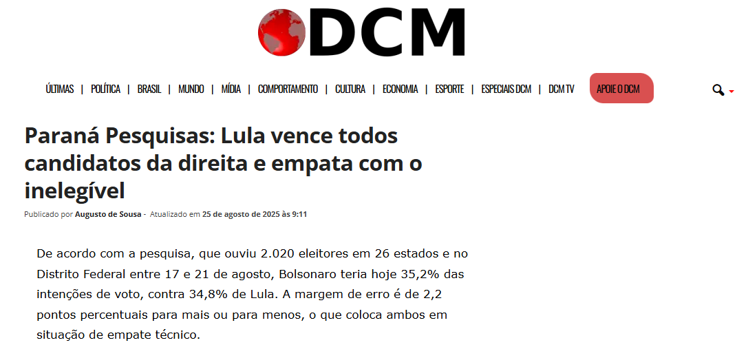 Diário do Centro do Mundo cita pesquisa realizada pela Paraná Pesquisas. 2 Diário do Centro do Mundo cita pesquisa realizada pela Paraná Pesquisas.