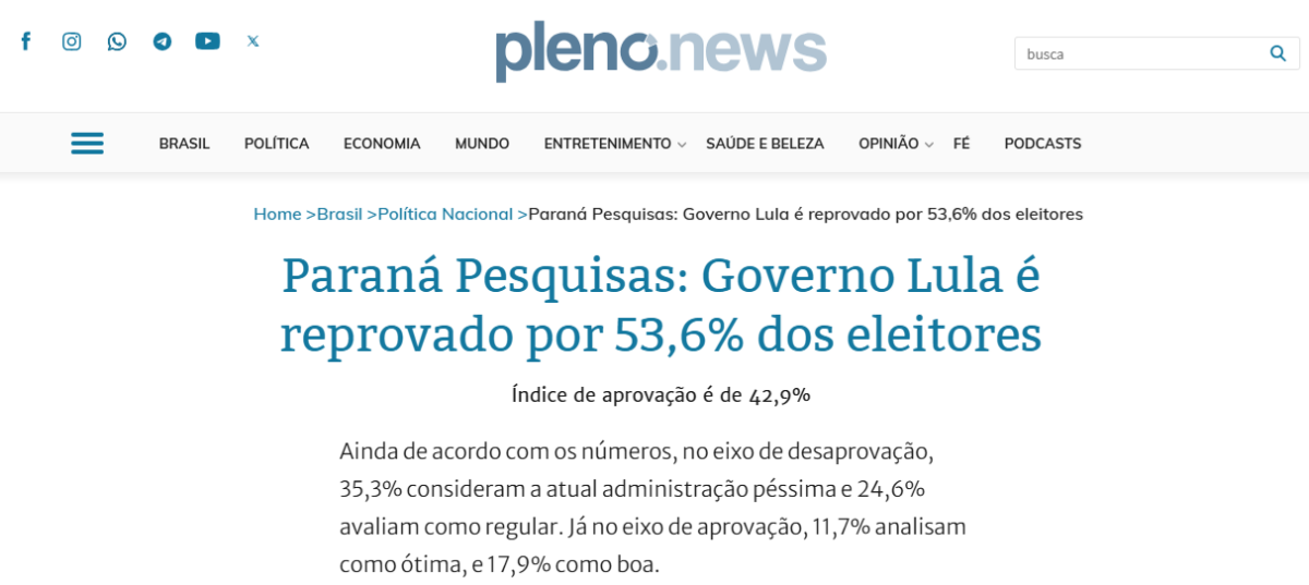Pleno News cita pesquisa realizada pela Paraná Pesquisas.