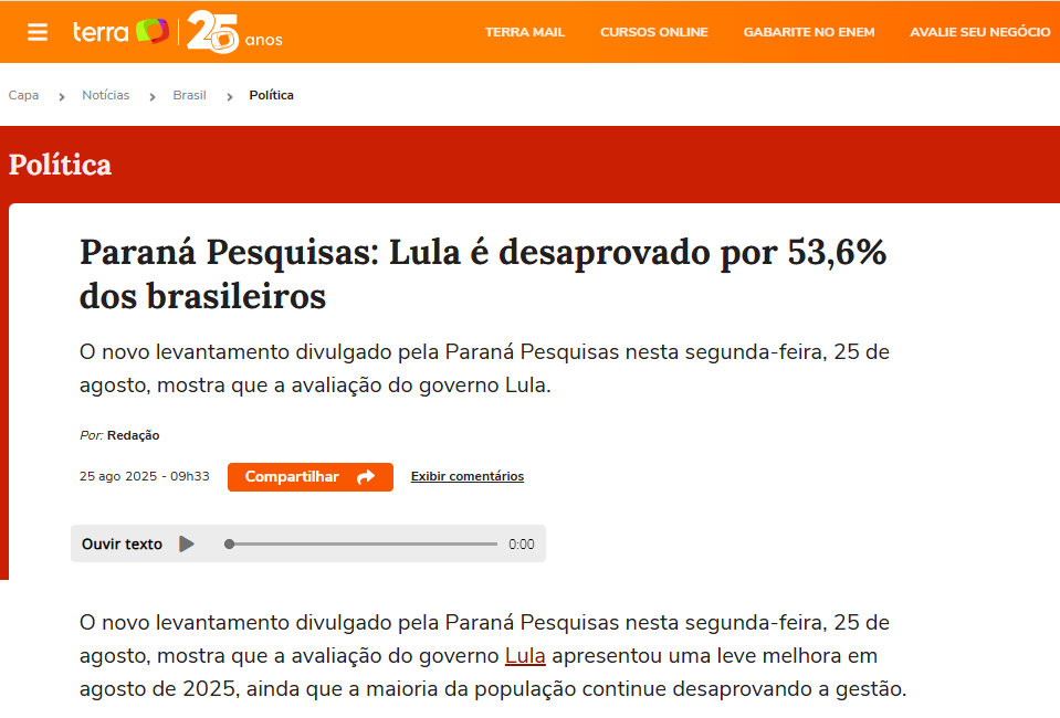 Portal Terra cita pesquisa realizada pela Paraná Pesquisas. 2 Portal Terra cita pesquisa realizada pela Paraná Pesquisas.
