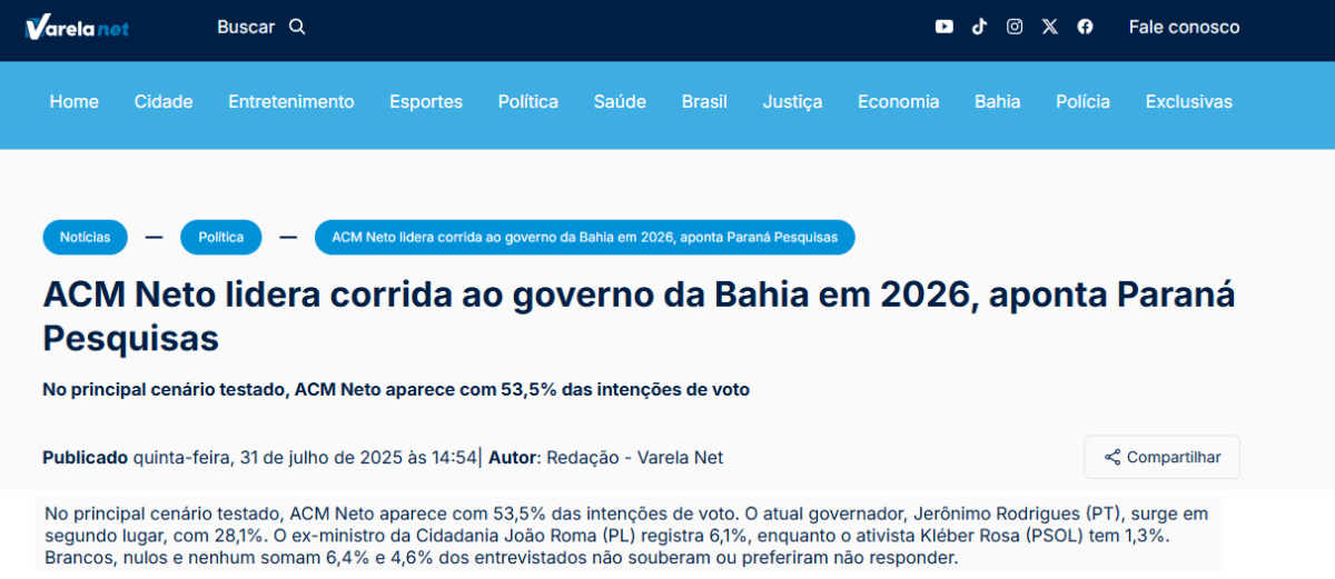 Varela Net cita pesquisa realizada pela Paraná Pesquisas no Estado da Bahia. 2 Varela Net cita pesquisa realizada pela Paraná Pesquisas no Estado da Bahia.