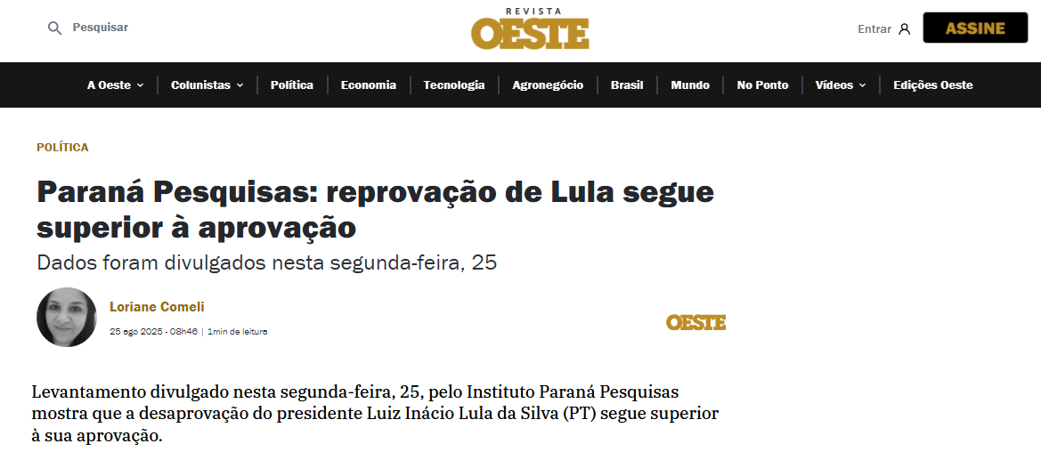 Revista Oeste cita pesquisa realizada pela Paraná Pesquisas. 2 Revista Oeste cita pesquisa realizada pela Paraná Pesquisas.
