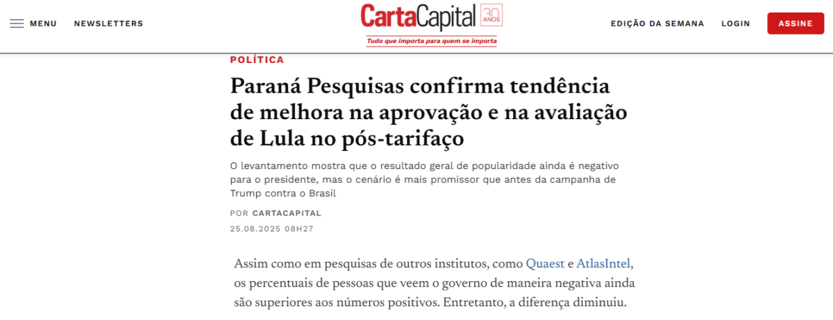 Carta Capital cita pesquisa realizada pela Paraná Pesquisas.