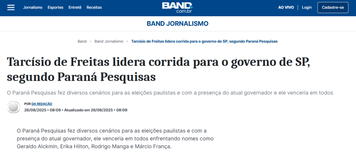 Band cita pesquisa realizada pela Paraná Pesquisas no Estado de São Paulo.