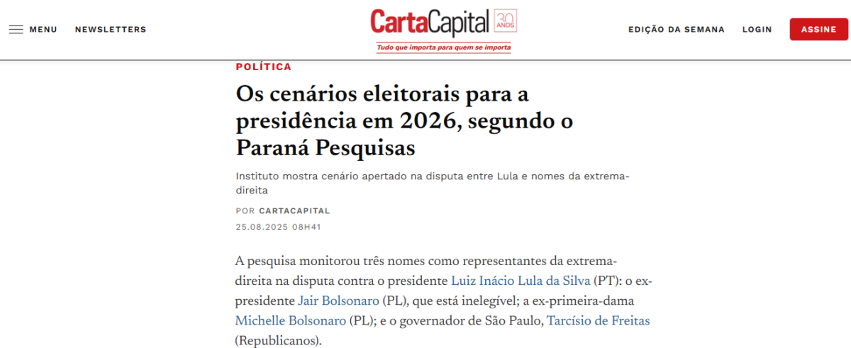 Carta Capital cita pesquisa realizada pela Paraná Pesquisas. 2 Carta Capital cita pesquisa realizada pela Paraná Pesquisas.