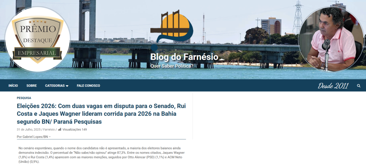Blog do Farnésio cita pesquisa realizada pela Paraná Pesquisas no Estado da Bahia. 2 Blog do Farnésio cita pesquisa realizada pela Paraná Pesquisas no Estado da Bahia.