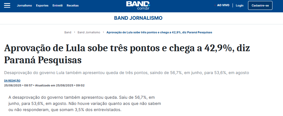 Band cita pesquisa realizada pela Paraná Pesquisas. 2 Band cita pesquisa realizada pela Paraná Pesquisas.