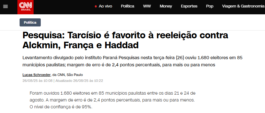 CNN Brasil cita pesquisa realizada pela Paraná Pesquisas no Estado de São Paulo.