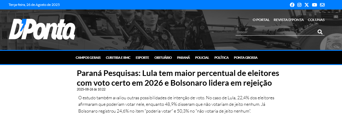 D'Ponta cita pesquisa realizada pela Paraná Pesquisas. 2 D'Ponta cita pesquisa realizada pela Paraná Pesquisas.