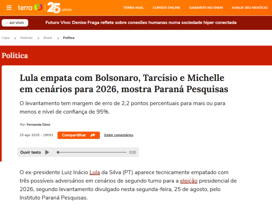 Portal Terra cita pesquisa realizada pela Paraná Pesquisas.