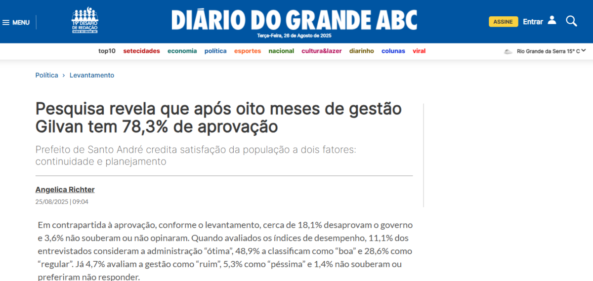 Diário do Grande ABC cita pesquisa realizada pela Paraná Pesquisas no Município de Santo André.