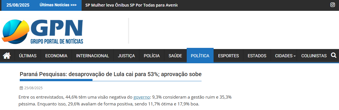 Grupo Portal de Notícias cita pesquisa realizada pela Paraná Pesquisas. 2 Grupo Portal de Notícias cita pesquisa realizada pela Paraná Pesquisas.