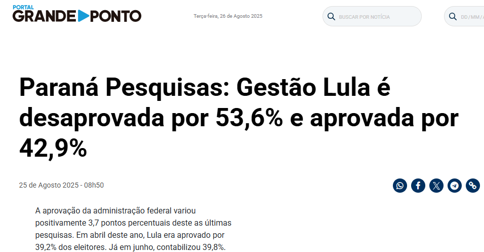 Portal Grande Ponto cita pesquisa realizada pela Paraná Pesquisas. 2 Portal Grande Ponto cita pesquisa realizada pela Paraná Pesquisas.