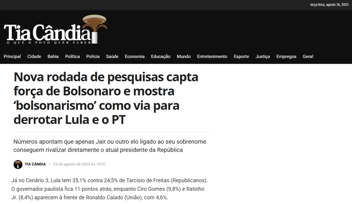 Tia Cândia cita pesquisa realizada pela Paraná Pesquisas.