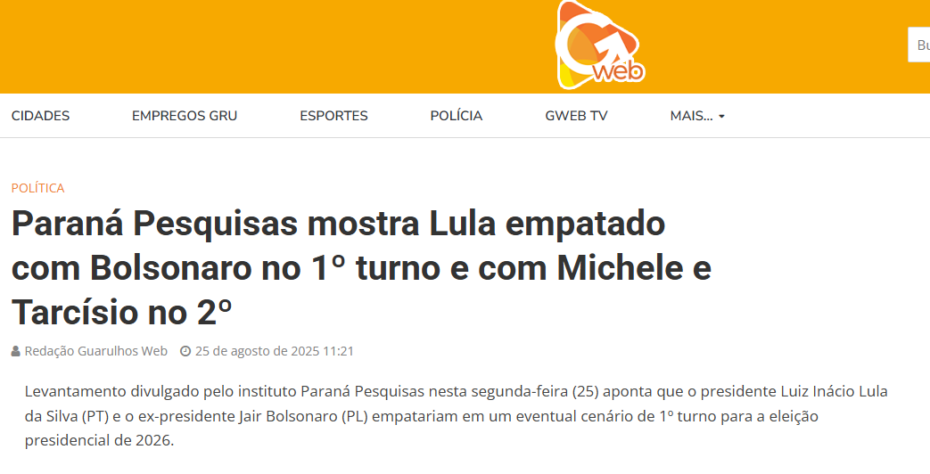Guarulhos Web cita pesquisa realizada pela Paraná Pesquisas.