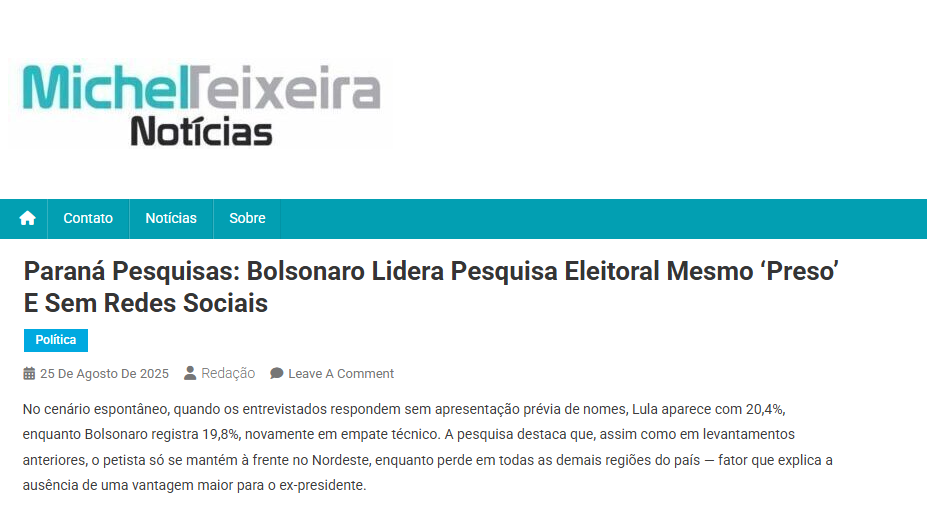 Blog Michel Teixeira cita pesquisa realizada pela Paraná Pesquisas.