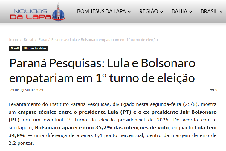 Notícias da Lapa cita pesquisa realizada pela Paraná Pesquisas.